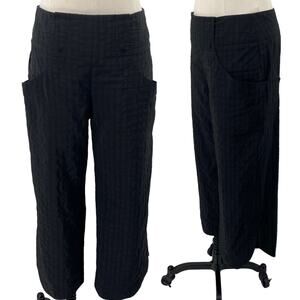 Maya Negri Wide Leg Cropped Pants Textured Pinstripe Side Split Pockets Black 0